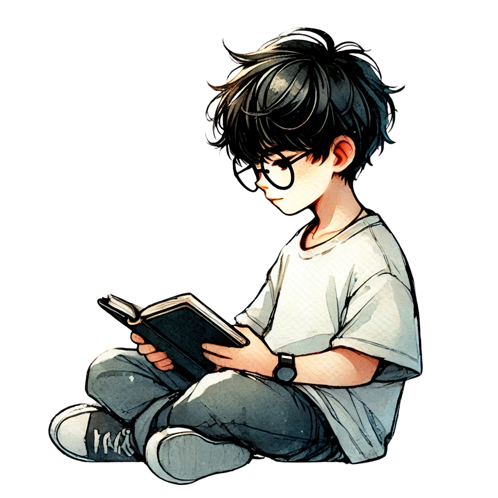 Illustration d'un jeune garçon assis, portant des lunettes et lisant un livre, vêtu de manière décontractée.