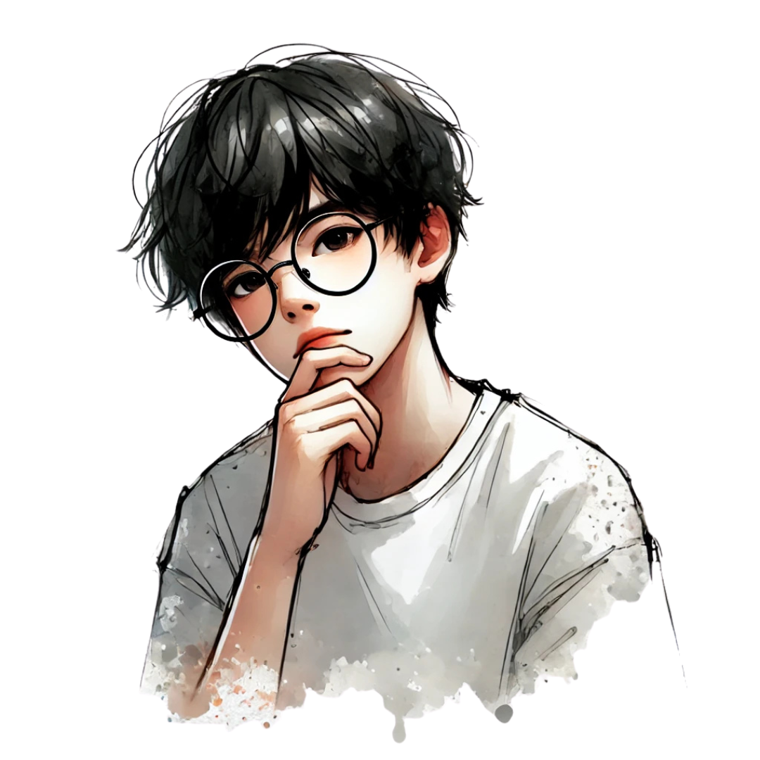 Illustration d'un jeune homme pensif, portant des lunettes, sur un fond minimaliste avec des touches artistiques.