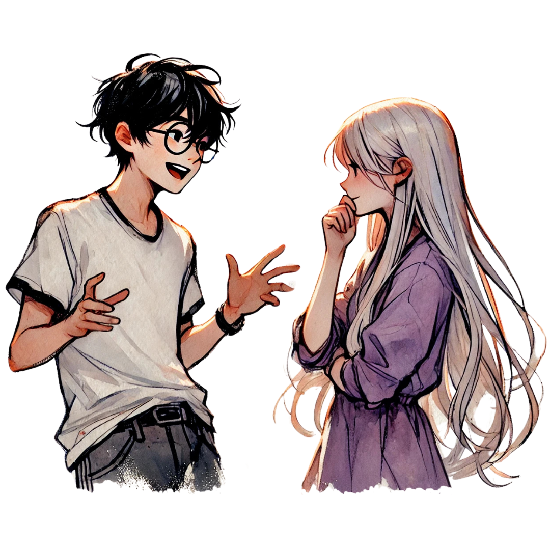 Illustration de deux personnages discutant, un jeune homme enthousiaste et une jeune femme attentive.